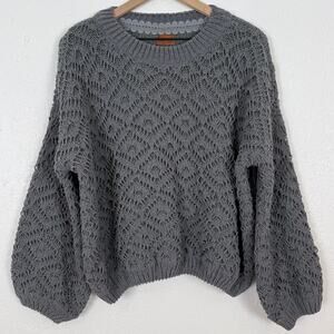 POL Textured Open Knit Balloon Sleeve Pullover Sweater Oversized Chunky Medium